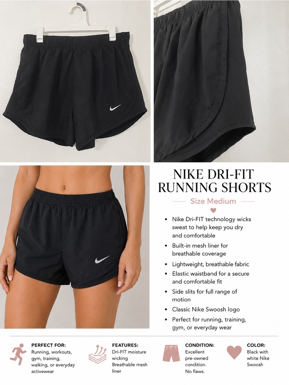 Nike Dri-FIT Black Running‎ Shorts Women’s Size M Built-In Liner Athletic